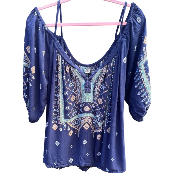 Ecote Tops - Ecote Urban Outfitters Navy Blue Medallion Boho Peasant Indie Blouse Medium Trim